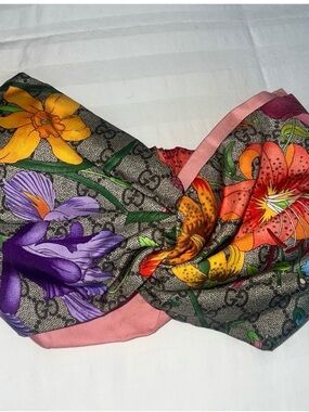 Gucci Multicolor Floral GG Silk Scarf with Pink Trim